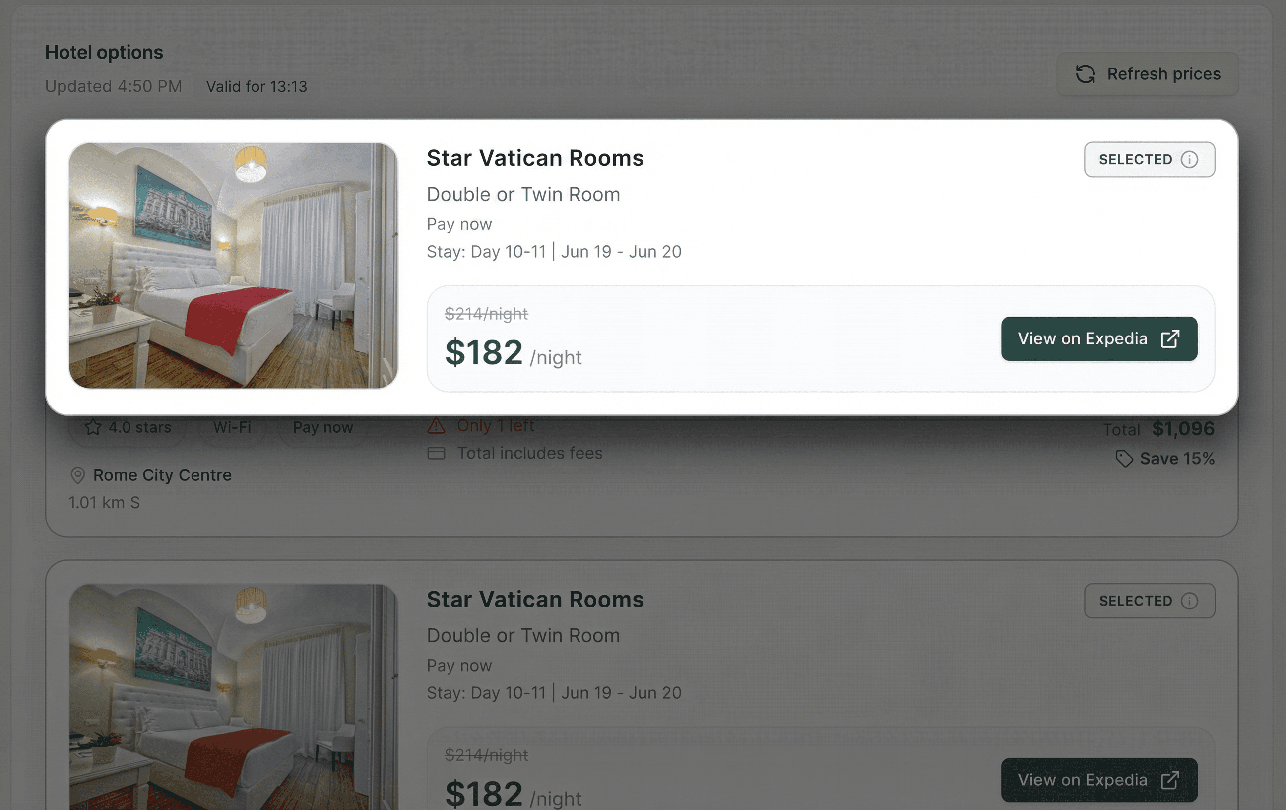 Hotel options list with pricing and stay details