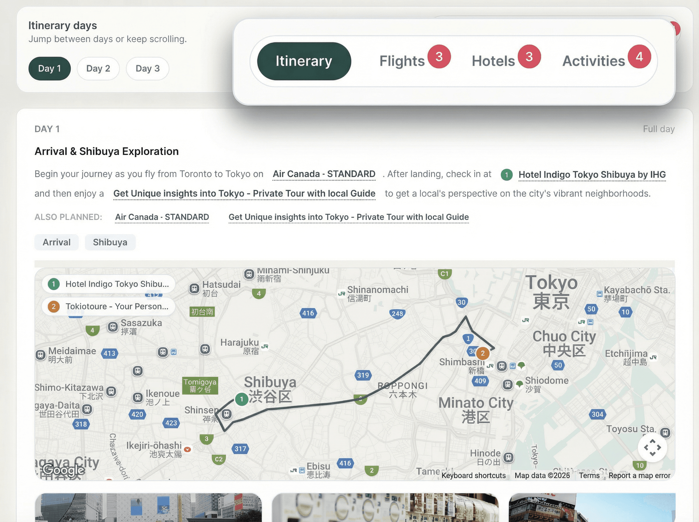 Full itinerary with map, day cards, and highlights